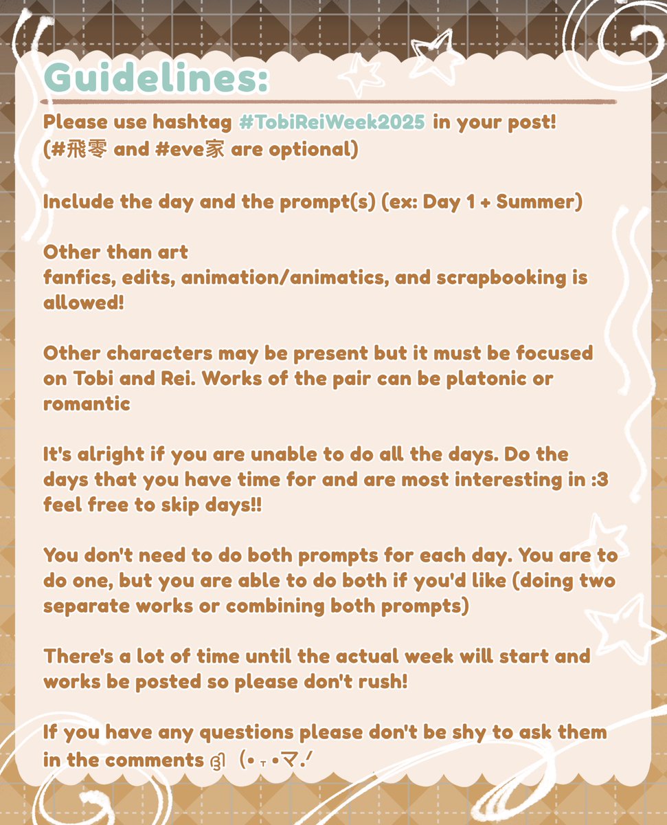 KyuutaFlan's tweet photo. the prompts for #TobiReiWeek2025 are here ta-da!! 🍳🍳🍳 Please read the guidelines also!  
🌟- Actual week starts on July 14th 
#Eve家 #飛零 #虚の記憶 https://t.co/yYWKOAxca9