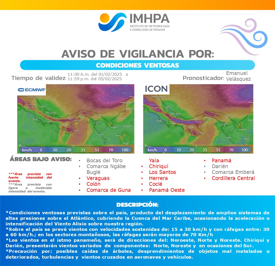 En la actualidad el IMHPA mantiene cinco Avisos de Vigilancia vigentes , por lo cual se insta a la población tomar las medidas de seguridad respectivas. <a href="/VOSTpanama/">VOST Panamá</a> <a href="/EmergenciaDigi1/">Emergencia Digital Panamá</a> <a href="/UniEmergPma/">UnidEmergPMA</a> <a href="/BCBRP/">Bomberos De Panamá</a> <a href="/CruzRojaPanama/">Cruz Roja Panameña</a>