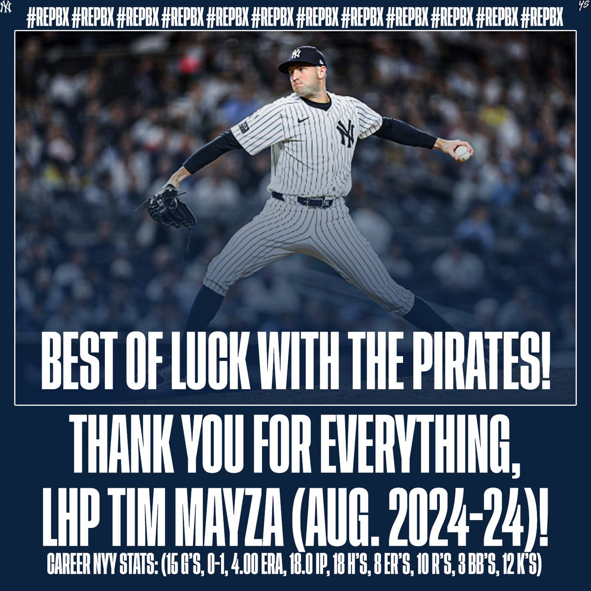 _yankeesource's tweet photo. It’s official…. Yankees free agent LHP Tim Mayza has signed a one-year $1.15M deal with the Pirates. Best of luck in Pittsburgh, Tim and thank you for everything you did for this team in your short few months here! #TimMayza #RepBX https://t.co/FIbKpL1Q2O