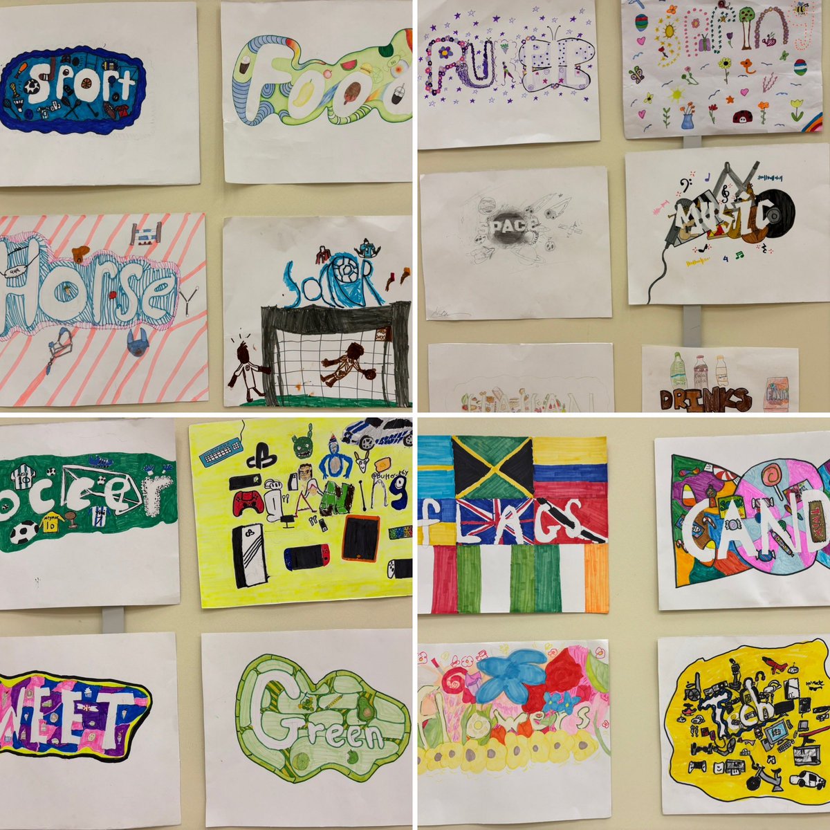 Gr. 6, 7 &amp; 8 student artwork on display today - doodling around a word they love while emphasizing negative space 💕 Thank you @MrsJLeone for organizing!