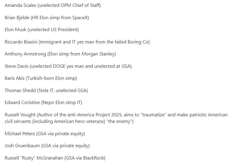 DevNdanger's tweet image. Cucking for  @elonmusk . You’re going to prison 

Amanda Scales 
Brian Bjelde
Riccardo Biasini
Anthony Armstrong
Steve Davis
Baris Akis 
Thomas Shedd
Edward Coristine
Russell Vought
Michael Peters 
Josh Gruenbaum 
Russell “Rusty” McGranahan