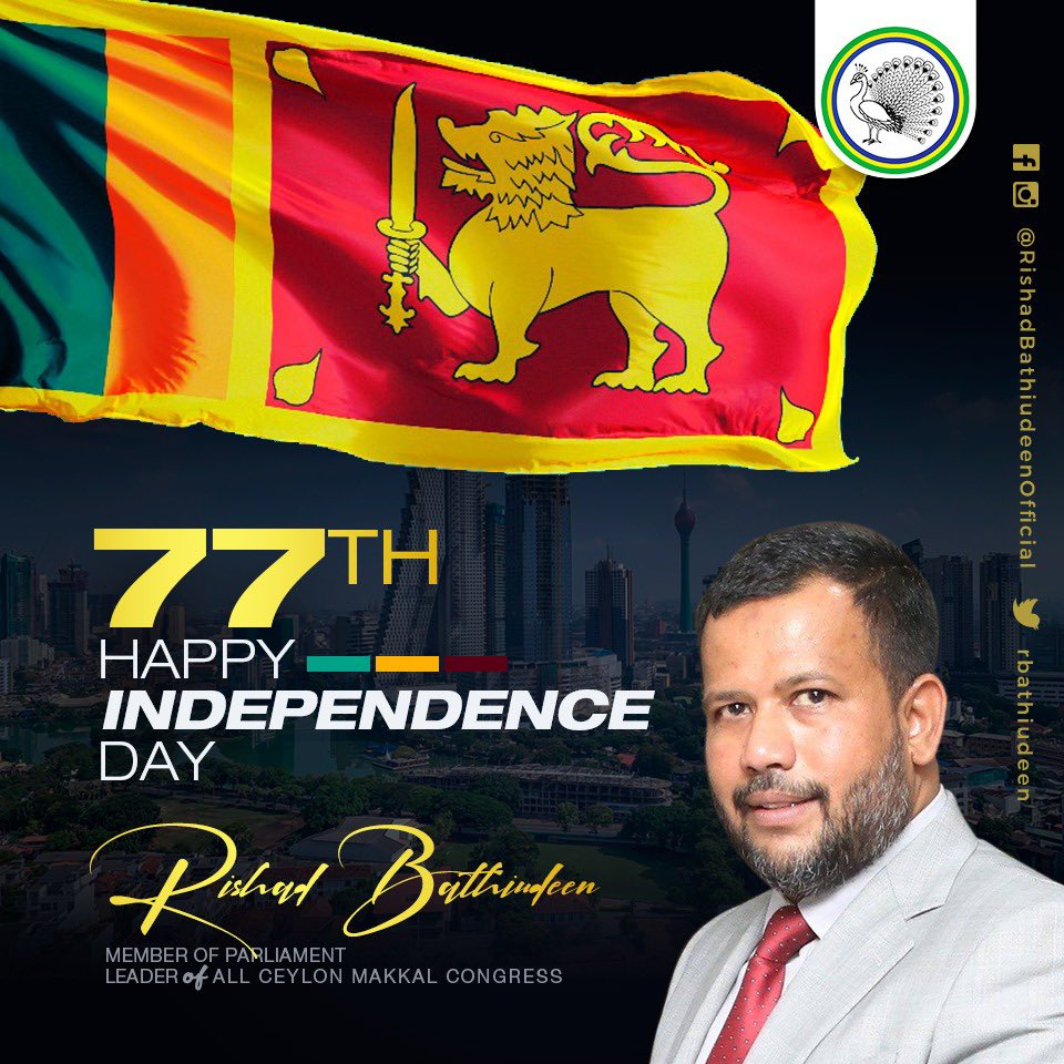 rbathiudeen's tweet photo. Happy 77th Independence Day 🇱🇰

#IndependenceDay #SriLanka #lka #RishadBathiudeen #ACMC https://t.co/Z1iuFhYZ6Y