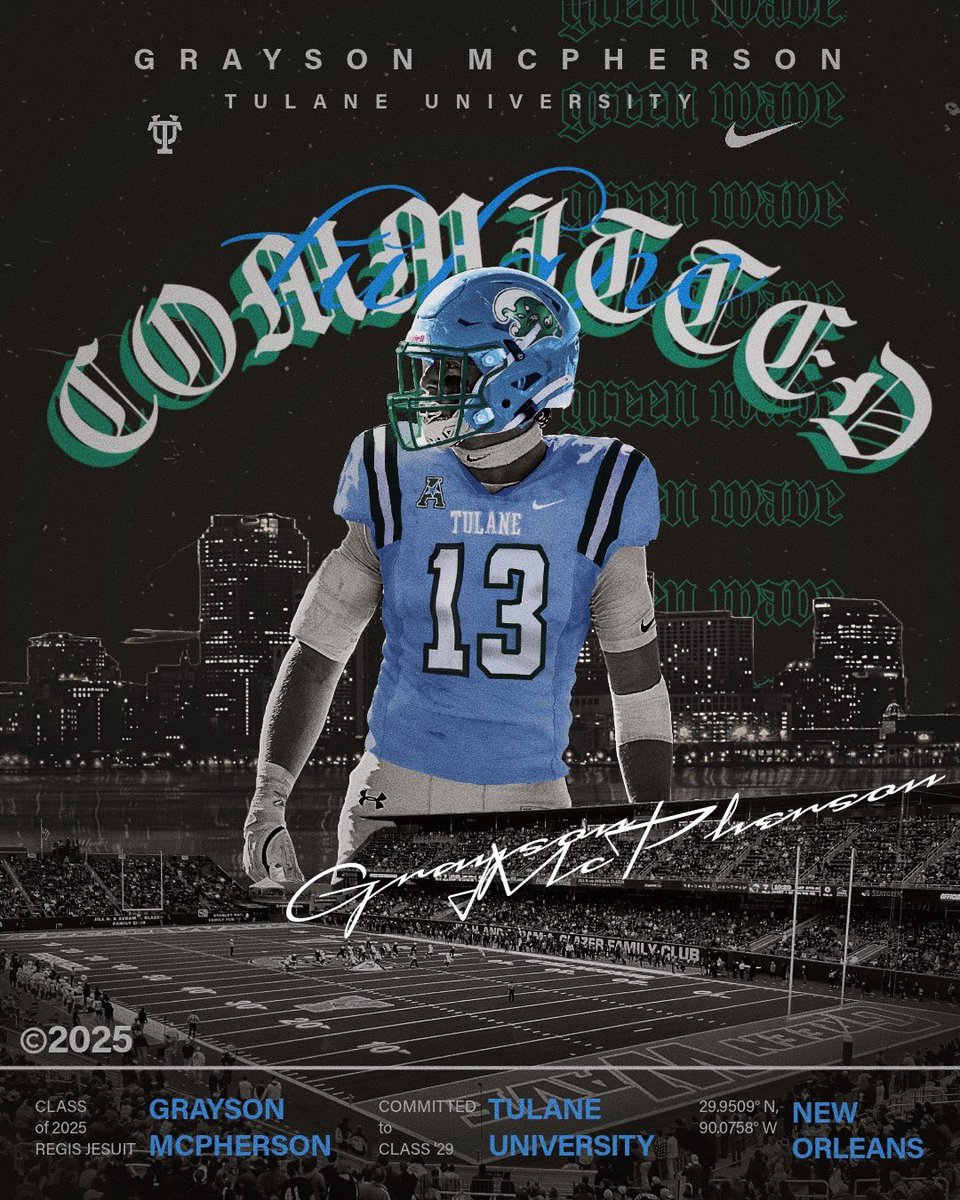 Grayson McPherson (@mcpuff83) on Twitter photo #AGTG After great consideration I am blessed and excited to announce my commitment to Tulane University! Thank you to <a href="/CoachJonSumrall/">Jon Sumrall</a> <a href="/Tayler24Polk/">Tayler Polk</a> <a href="/CoachGasparato/">Coach Greg Gasparato</a> <a href="/braydenbrez/">Brayden Berezowitz</a> <a href="/CoachBBrez/">Bryan Berezowitz</a> <a href="/JJMcCleskey/">JJ McCleskey</a> <a href="/CoachBamHardmon/">Coach Bam Hardmon</a> for this opportunity! Time to get to work!๐
<a href="/GreenWaveFB/">Tulane Football</a> #AGTG After great consideration I am blessed and excited to announce my commitment to Tulane University! Thank you to <a href="/CoachJonSumrall/">Jon Sumrall</a> <a href="/Tayler24Polk/">Tayler Polk</a> <a href="/CoachGasparato/">Coach Greg Gasparato</a> <a href="/braydenbrez/">Brayden Berezowitz</a> <a href="/CoachBBrez/">Bryan Berezowitz</a> <a href="/JJMcCleskey/">JJ McCleskey</a> <a href="/CoachBamHardmon/">Coach Bam Hardmon</a> for this opportunity! Time to get to work!๐
<a href="/GreenWaveFB/">Tulane Football</a>
