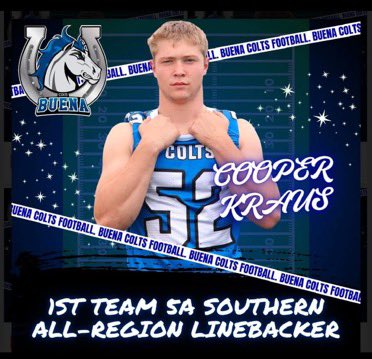 Cooper Kraus #52
Inside LB C/O 2026
Buena Colts 

2X First Team All Region LB
2X All-Academic Team
2X All Sports Tucson All Star

2024 Southern Region Leading Tackler

2023 Colts Defensive Skill POY

2024 Colts Defensive MVP

2025 I am not done yet.  If you got the ball #52 is