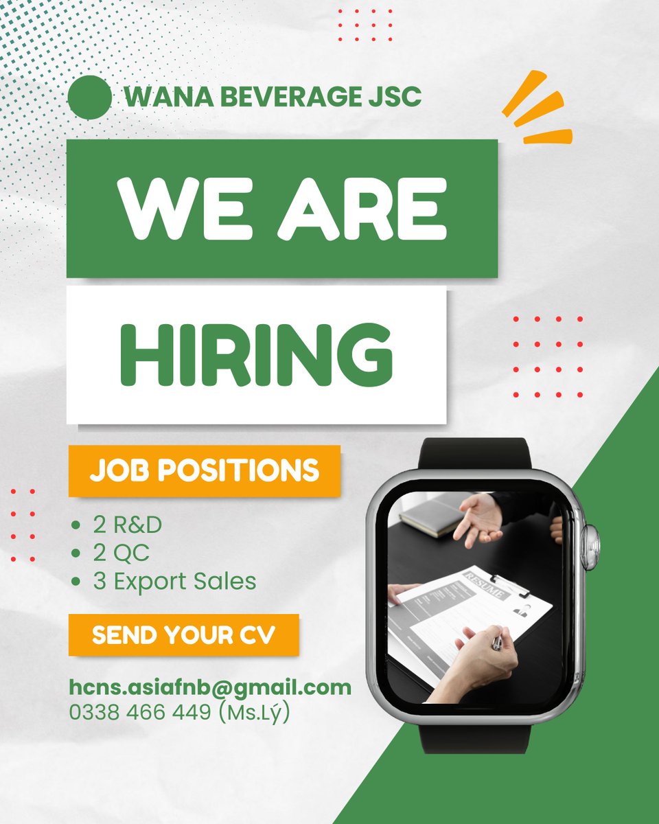 wanabeverage's tweet photo. We are #hiring ✨ 

Please send your CV to hcns.asiafnb@gmail.com 
Or contact 0338 466 449 (Ms.Lý) 
Join Wana team today! 
#wanatuyendung #tuyendung #recruitment #hiring #jobposition https://t.co/gkZzR16iYA
