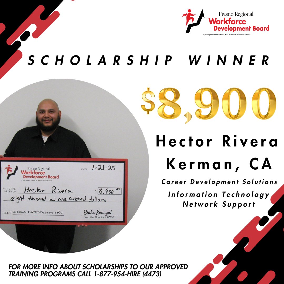 WDB_Fresno's tweet photo. 🎉 Congratulations to Hector Rivera from Kerman, CA, on receiving an $8,900 scholarship for Information Technology Network Support training at Career Development Solutions! 💻👏 Wishing you success in your IT career! #FutureTechPro #CareerSuccess #FresnoWDB https://t.co/LWPw8lpbhk