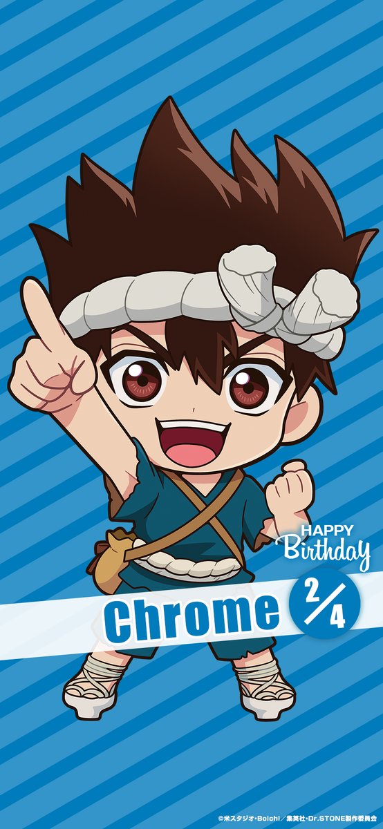 STONE_anime_off's tweet photo. ୨୧‥∵‥‥∵‥‥∵‥୨୧
　  HAPPY BIRTHDAY
　　 🎂CHROME🎂
୨୧‥∵‥‥∵‥‥∵‥୨୧

2月4日はクロムの誕生日！🎉
新規描き下ろしイラストのバースデー画像＆スマホ壁紙をプレゼント！

閃き科学使いの誕生日をぜひお祝いしましょう！✨

#DrSTONE https://t.co/dBVIIXVtp8