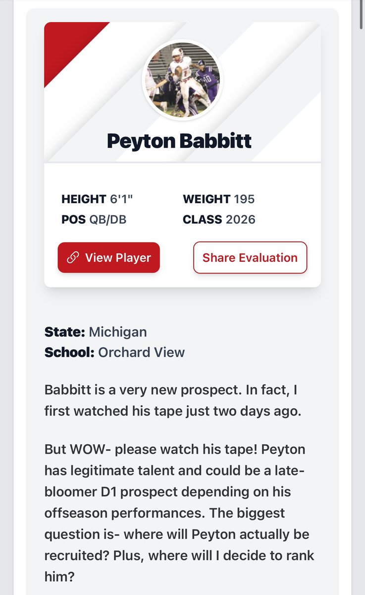 PeytonBabbitt's tweet photo. Thank you @alex_pallone @PrepRedzoneMI  for the write up!! Definitely going to get to some camps to prove my arm and that i’m one of the top guys out there!💪🏽🏈 https://t.co/STE6MsYeiu