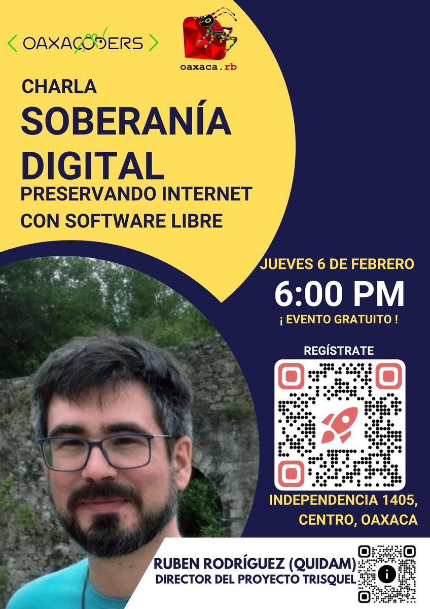 oaxacarb's tweet photo. Reactivando nuestra comunidad con una plática muy especial: 
Soberanía Digital, preservando internet con Software Libre.
Por: Rubén Rodríguez
Regístrate: https://t.co/xo63J1bPli https://t.co/HZTjTIWamF