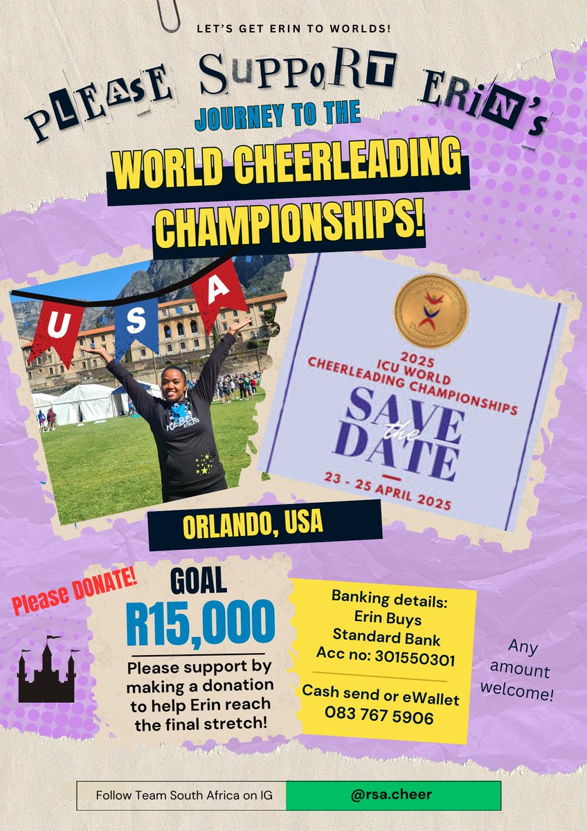 erabae23's tweet photo. I'm kindly asking for donations to go towards my tour costs, please. 🙏 
I've been selected to be part of the SAMCA South African Cheerleading Team and will be competing at the ICU World Cheerleading Championships in Orlando, USA in April 2025!
#cheerleading
#TeamSA https://t.co/596HGcstq1