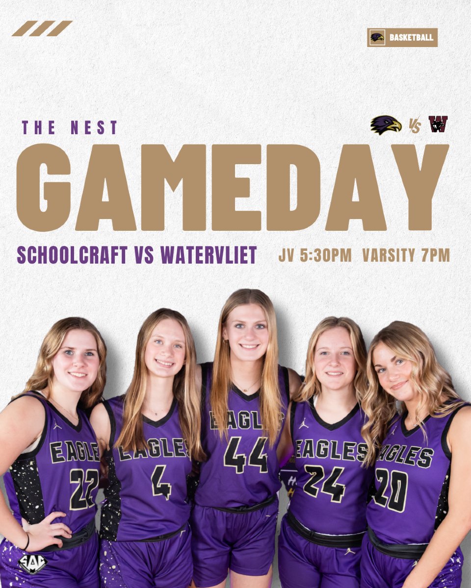 🏀 It’s GAME DAY, Eagles! 🦅
Catch the Schoolcraft Lady Eagles in action tonight at Home! Let’s pack the stands and show our Eagle pride! 💛💜

📅 Tonight
📍 Schoolcraft HS
⏰ JV at 5:30 PM | Varsity to follow at 7 PM

Let’s go, Eagles! 🦅🔥
#GameDay #EaglePride
