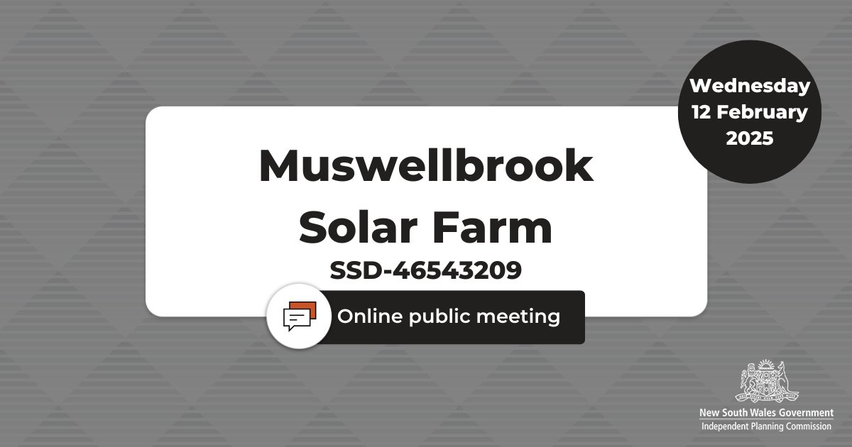 The Commission advises that the public meeting scheduled for the proposed Muswellbrook Solar Farm (SSD-46543209) on Wednesday 12 February will now be held entirely virtually. Read the full Statement here: ipcn.nsw.gov.au/resources/pac/…