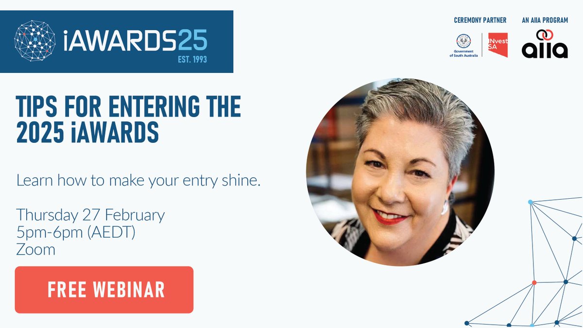 Need help crafting a winning iAwards entry? Join this free webinar hosted by Chief Judge Collins Rex. Collins will use her iAwards judging expertise to help you showcase your entry to its full potential. Register now aiia.com.au/event/tips-for…

#AIIA #iAwards #Innovation