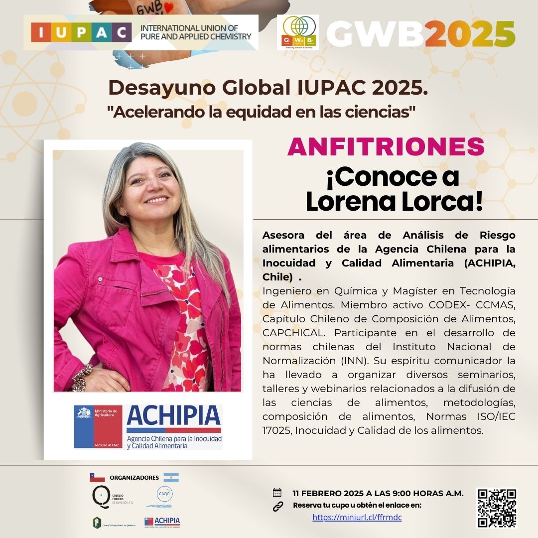 🌟 ¡Conoce a nuestros distinguidos anfitriones del Desayuno IUPAC 2025. Chile - Argentina! 🌟
Únete el 11 de febrero a las 9:00 h
Reserva tu lugar ahora:
👉 miniurl.cl/ffrmdc 📝
gratuito, para toda la comunidad química.

#gwb2025 #IUPAC #colegiodequimicos  #laquímicaestodo