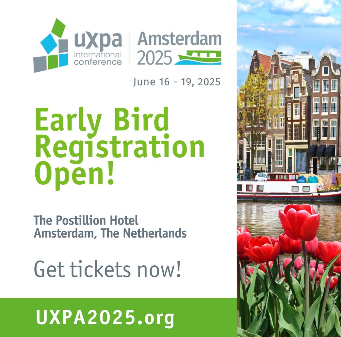 Interested in attending #UXPA2025 this summer in #Amsterdam? We have just opened #earlybird pricing. These ticket prices will only be available through March 1st and offer THE BEST discount! Don't miss out!  See you in June! uxpa2025.org #UXconference