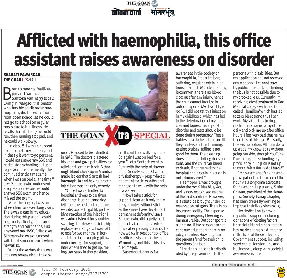 "📢 Raising awareness about hemophilia in Goa! PWH Santosh Vani's inspiring article sheds light on the challenges &amp; triumphs of living with this condition. Let's spread knowledge &amp; support for those affected. 💙 #HemophiliaAwareness <a href="/PrakashWKamatPK/">Prakash W. Kamat</a>