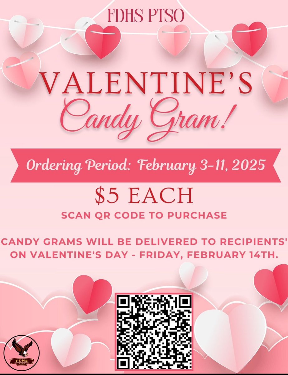 Candy Grams are available to order NOW‼️Purchase a festive treat bag filled with sweetness for your Eagle, Teacher, or any of the FDHS Faculty/Staff, and send a sweet note along with the treat bag* for only $5!  Candy Grams will be delivered to recipients’ on Valentine’s Day!