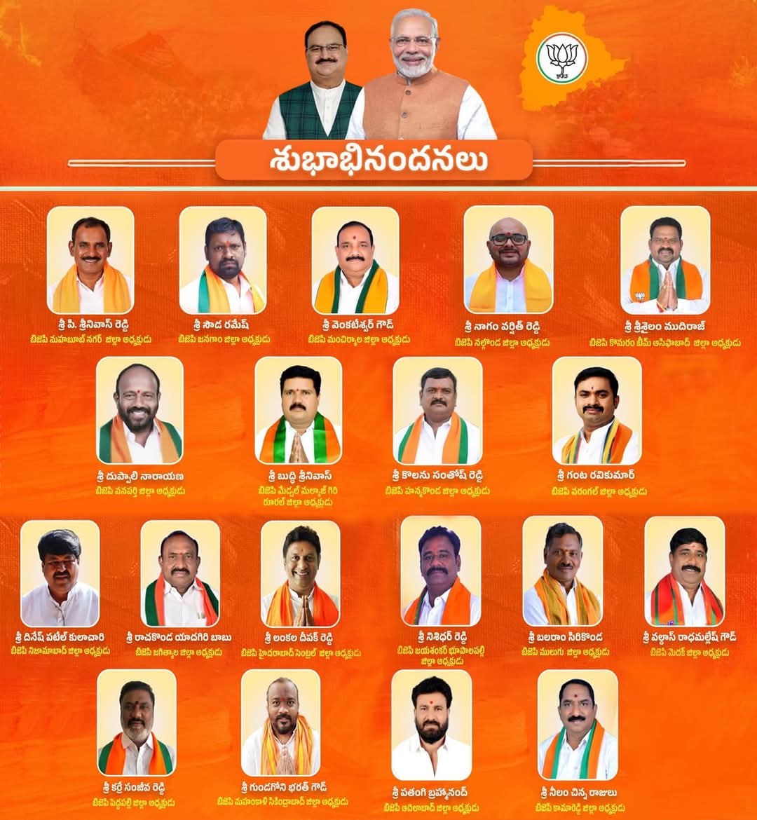 Eatala_Rajender's tweet photo. బిజెపి జిల్లా అధ్యక్షులుగా నియమితులైన వారందరికీ హార్దిక శుభాకాంక్షలు.

1. శ్రీ నిశిధర్ రెడ్డి, జయశంకర్ భూపాలపల్లి.
2. ⁠శ్రీ బలరాం సిరికొండ, ములుగు.
3. ⁠శ్రీ వల్దాస్ రాధమల్లేష్ గౌడ్, మెదక్.
4. ⁠శ్రీ పతంగి బ్రహ్మానంద్, ఆదిలాబాద్.
5. ⁠శ్రీ నీలం చిన్న రాజులు, కామారెడ్డి.
6. ⁠శ్రీ దినేష్ పటేల్ కులచార��, నిజామాబాద్.
7. ⁠శ్రీ రాచకొండ యాదగిరి బాబు, జగిత్యాల.
8. శ్రీ లంకల దీపక్ రెడ్డి, హైదరాబాద్ సెంట్రల్.
9. ⁠శ్రీ కర్రే సంజీవ రెడ్డి, పెద్దపల్లి.
10. ⁠శ్రీ గుండగోని భరత్ గౌడ్, మహంకాళి సికింద్రాబాద్.
11. ⁠శ్రీ నాగం వర్షిత్ రెడ్డి, నల్గొండ.
12. ⁠శ్రీ శ్రీశైలం ముదిరాజ్, కొమరం భీమ్ ఆసిఫాబాద్.
13. ⁠శ్రీ కొలను సంతోష్ రెడ్డి, హన్మకొండ.
14. ⁠శ్రీ గంట రవి కుమార్, వరంగల్.
15. ⁠శ్రీ పి. శ్రీనివాస్ రెడ్డి, మహబుబ్ నగర్.
16. ⁠శ్రీ సౌడ రమేష్, జనగాం.
17. ⁠శ్రీ వెంకటేశ్వర్ గ��డ్, మంచిర్యాల.
18. ⁠శ్రీ దుప్పాలి నారాయణ, వనపర్తి.
19. ⁠శ్రీ బుద్ధి శ్రీనివాస్, మేడ్చల్ మల్కాజ్గిరి రూరల్.

@BJP4Telangana @BJP4India