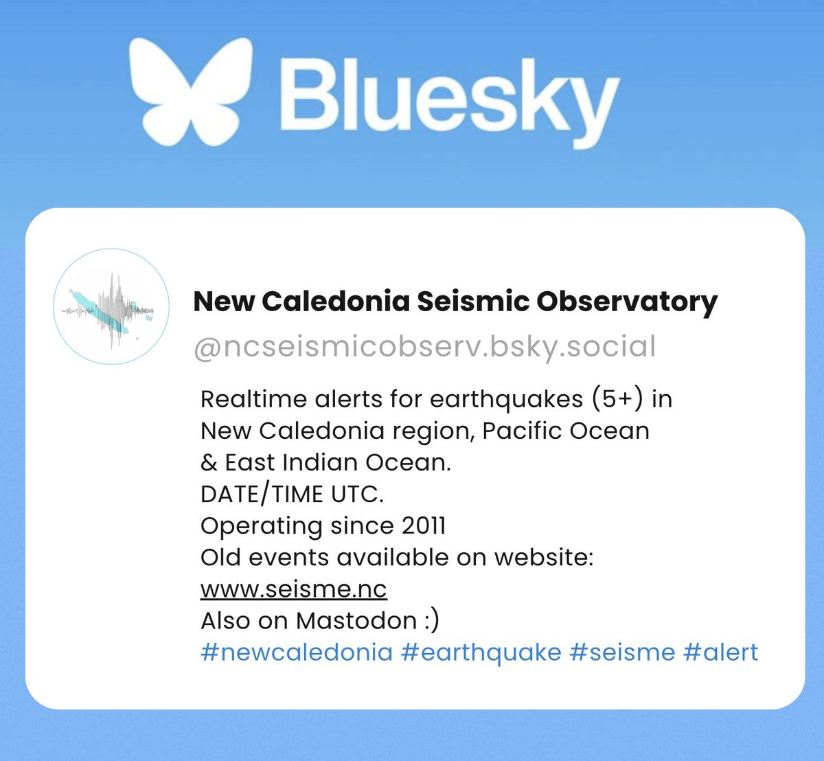 Cher réseau, l'alerte en temps réel des séismes en Nouvelle-Calédonie et dans la région est aussi sur Bluesky. Abonnez-vous, partagez !
#newcaledonia #earthquake #seisme #Nouvellecaledonie
