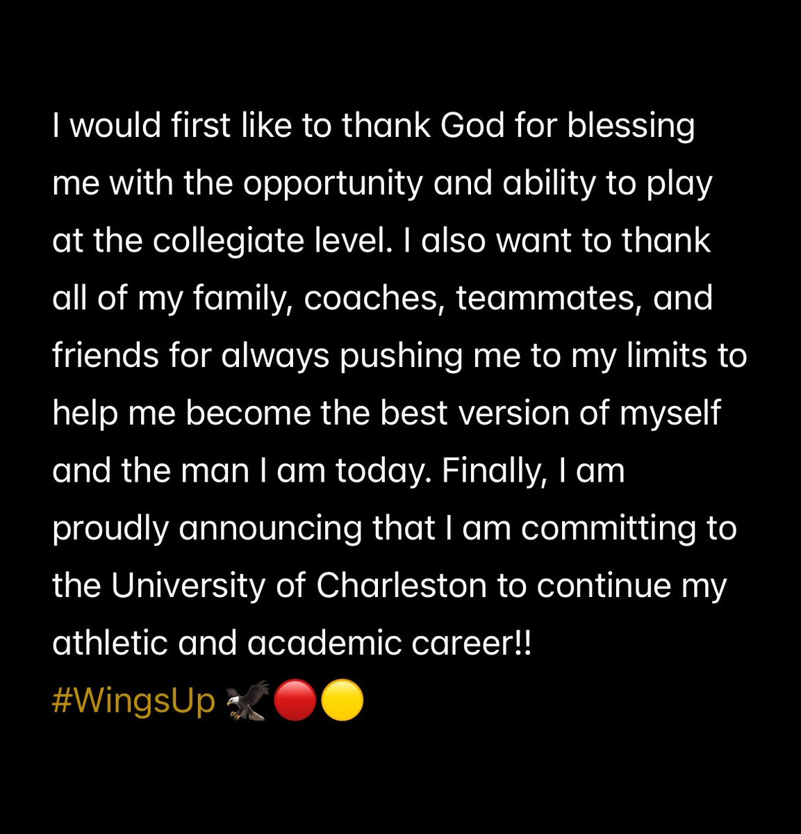 #AGTG Extremely proud to announce my commitment to the University of Charleston!! 
<a href="/UCWV_Football/">University of Charleston Football</a> 
<a href="/coachtesch/">Michael Tesch</a> 
<a href="/CoachHBecker/">Hunter Becker</a> 
<a href="/KyleERigney/">Coach Rigney</a> 
<a href="/CoachHarless55/">Coach Harless</a> 
<a href="/Coach_Meeks17/">Jonathan Meeks</a>