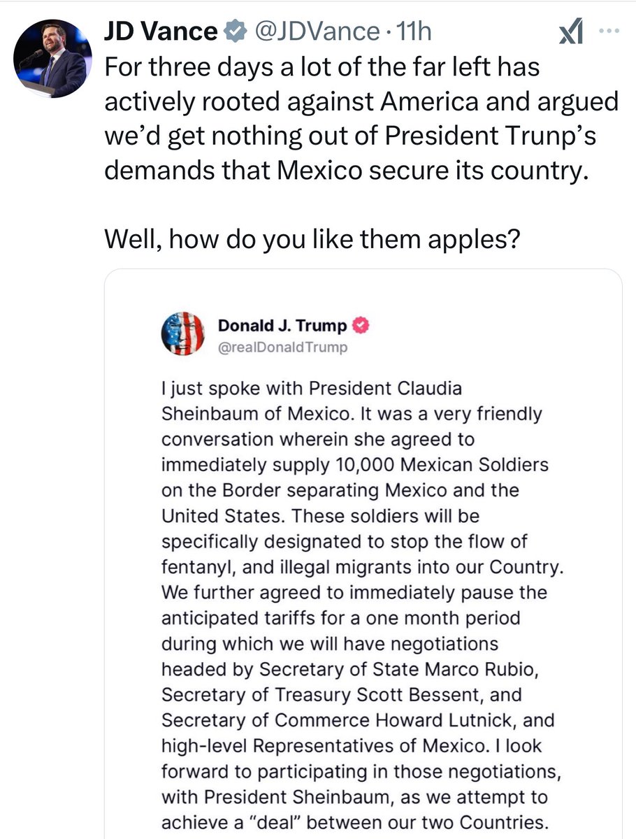 JoJoFromJerz's tweet photo. Hey couch fucker @JDVance — Mexico also deployed 10,000 troops to the border in 2021, under President Biden.
And the fact that your phone doesn’t autocorrect to “Trump” is really, really fucking telling.