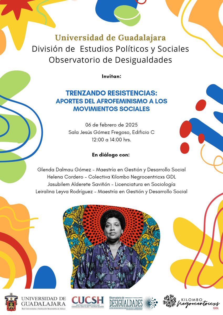 Estamos felices de invitarles a este diálogo sobre afrofeminismos y movimientos sociales en el que participan compañeras de <a href="/SociologiaUdg/">Departamento de Sociología, UdeG</a> y la Maestría en Gestión y Desarrollo Social
📅 Jueves 06 de febrero 
⏰ 12:00 hrs.
📍 Sala Jesús Gómez Fregoso
<a href="/udg_oficial/">Universidad de Guadalajara</a>, <a href="/DifundeCUCSH/">Difunde CUCSH</a>