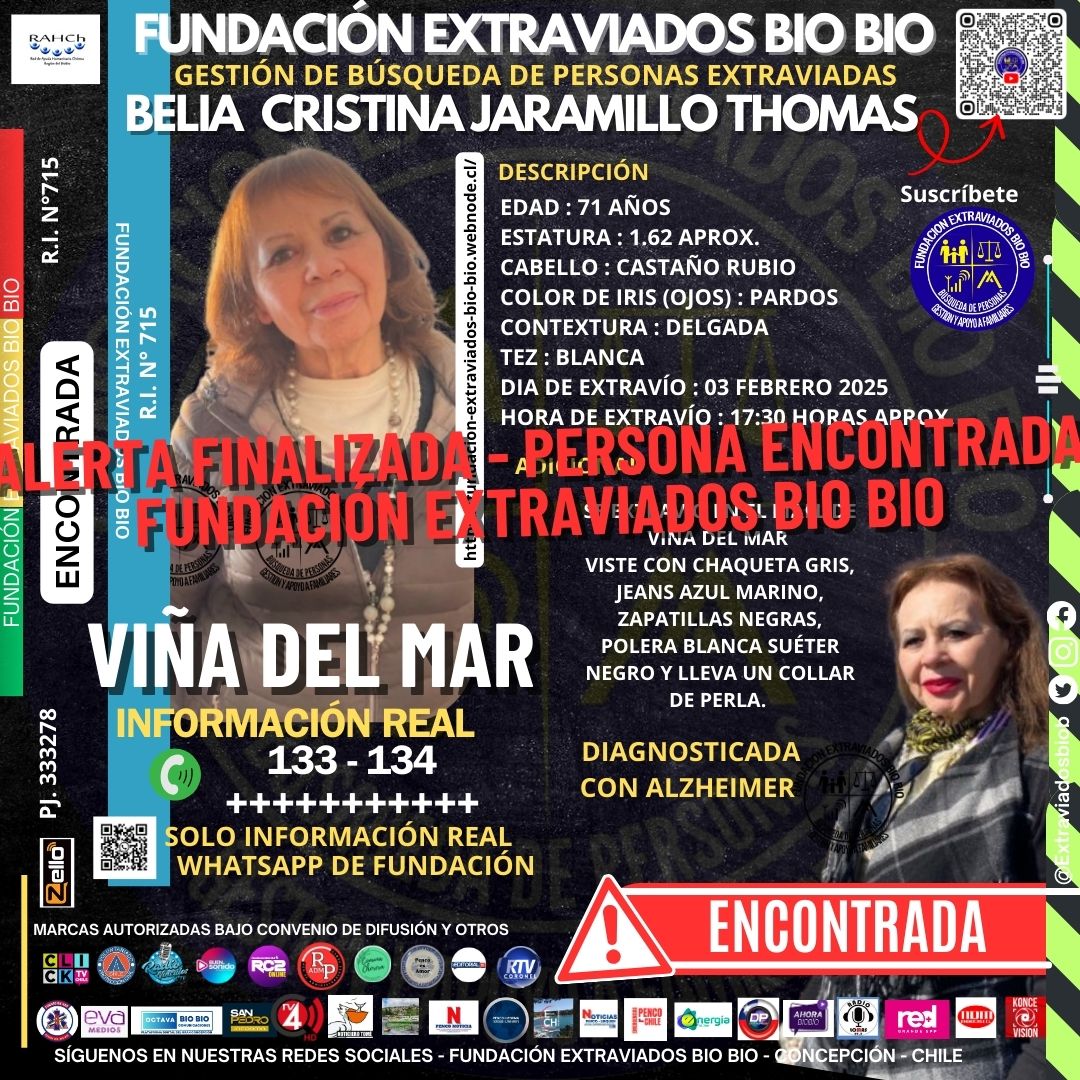 Extraviadosbiob's tweet photo. 🟢ALERTA FINALIZADA VIÑA DEL MAR🟢
Fundación Extraviados Bio Bio confirma por intermedio de la familia de la señora Belia, que logró ser encontrada con vida, agradecemos a todos quiénes ayudaron a compartir este caso. #F_EXTRAVIADOSBIOBIO #VIÑA_DEL_MAR #C715 https://t.co/DmNo4puzHT