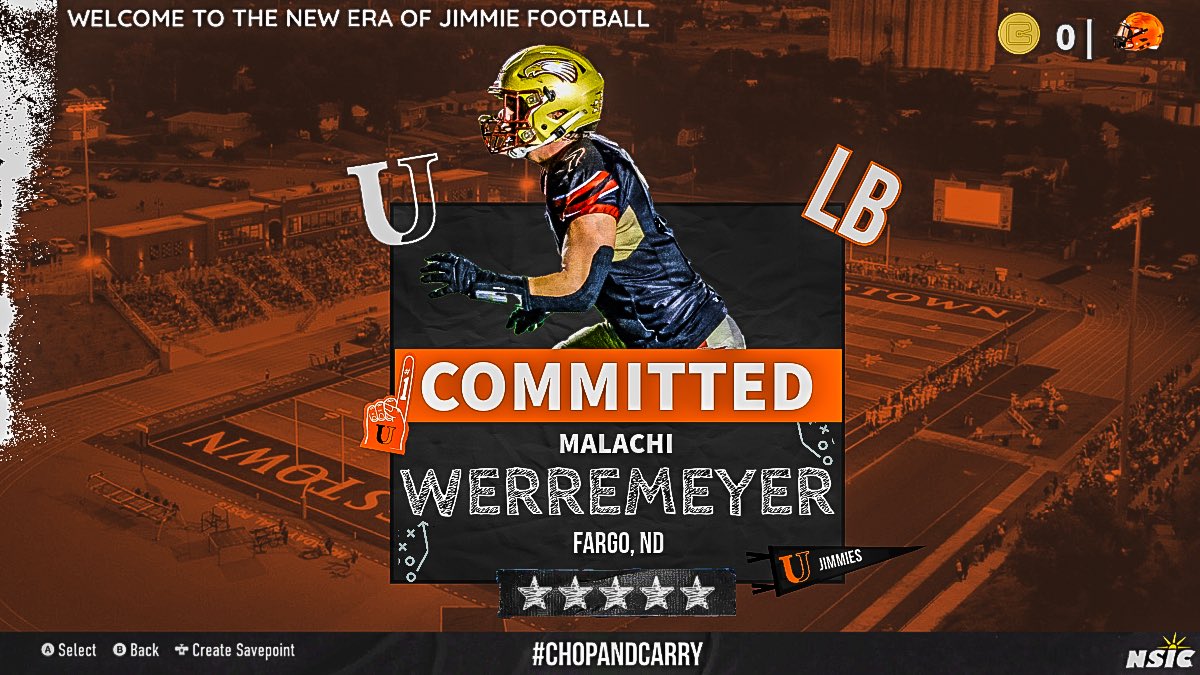 malachi werremeyer (@malachi_werreme) on Twitter photo I am excited to announce my commitment to further my academic and athletic career at the University of Jamestown. I would like to thank my family, friends, teammates, and coaches for all the support they have given. Go Jimmies! <a href="/JimmieFootball/">Jamestown Football</a> <a href="/Coach_Mistro/">Brian Mistro</a> I am excited to announce my commitment to further my academic and athletic career at the University of Jamestown. I would like to thank my family, friends, teammates, and coaches for all the support they have given. Go Jimmies! <a href="/JimmieFootball/">Jamestown Football</a> <a href="/Coach_Mistro/">Brian Mistro</a>