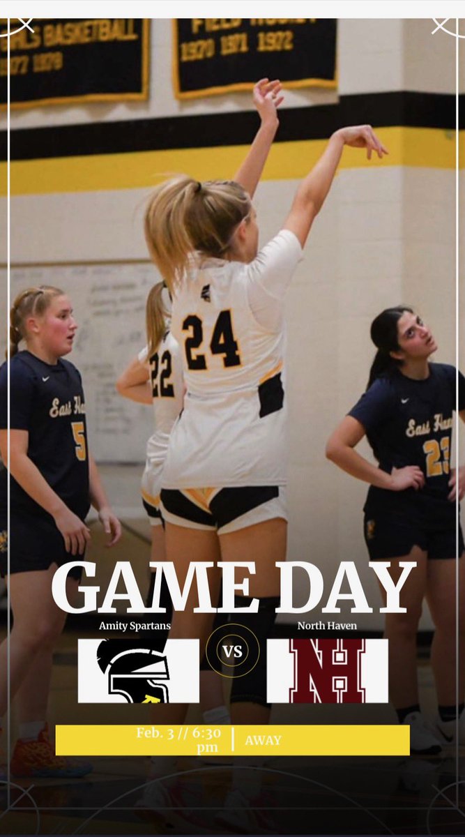 It’s Gamedayyyy🚨🚨
AWAY at North Haven 
Jv~ 5:00pm
Varsity~ 6:30pm
Be there to support the Spartans!! 
<a href="/amityathletics/">Amity HS Athletics</a> <a href="/GameTimeCT/">GametimeCT</a> <a href="/CT_Girls_BBall/">CT Girls BBall</a>