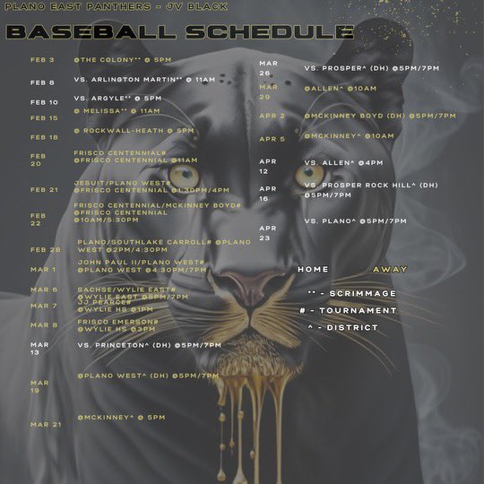 Plano East Baseball (@peshbaseball) on Twitter photo JV Black Schedule!! #beast #goldshirts #thejungle <a href="/EastPanthers1/">Plano East Senior High School Panthers</a> <a href="/PISDAthDept/">Plano ISD Athletic Department</a> JV Black Schedule!! #beast #goldshirts #thejungle <a href="/EastPanthers1/">Plano East Senior High School Panthers</a> <a href="/PISDAthDept/">Plano ISD Athletic Department</a>
