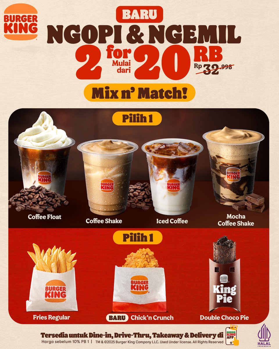 Sekarang nongki di Burger King makin asik! Jajan kopi + snack cuma modal 20 ribuan aja pake promo NGOPI &amp; NGEMIL yang Baru dari Burger King🤩🫶🏻

Gak bikin boncos, bikin momen makin seru dan nyantui buat nemenin hari - hari kamu🔥🔥