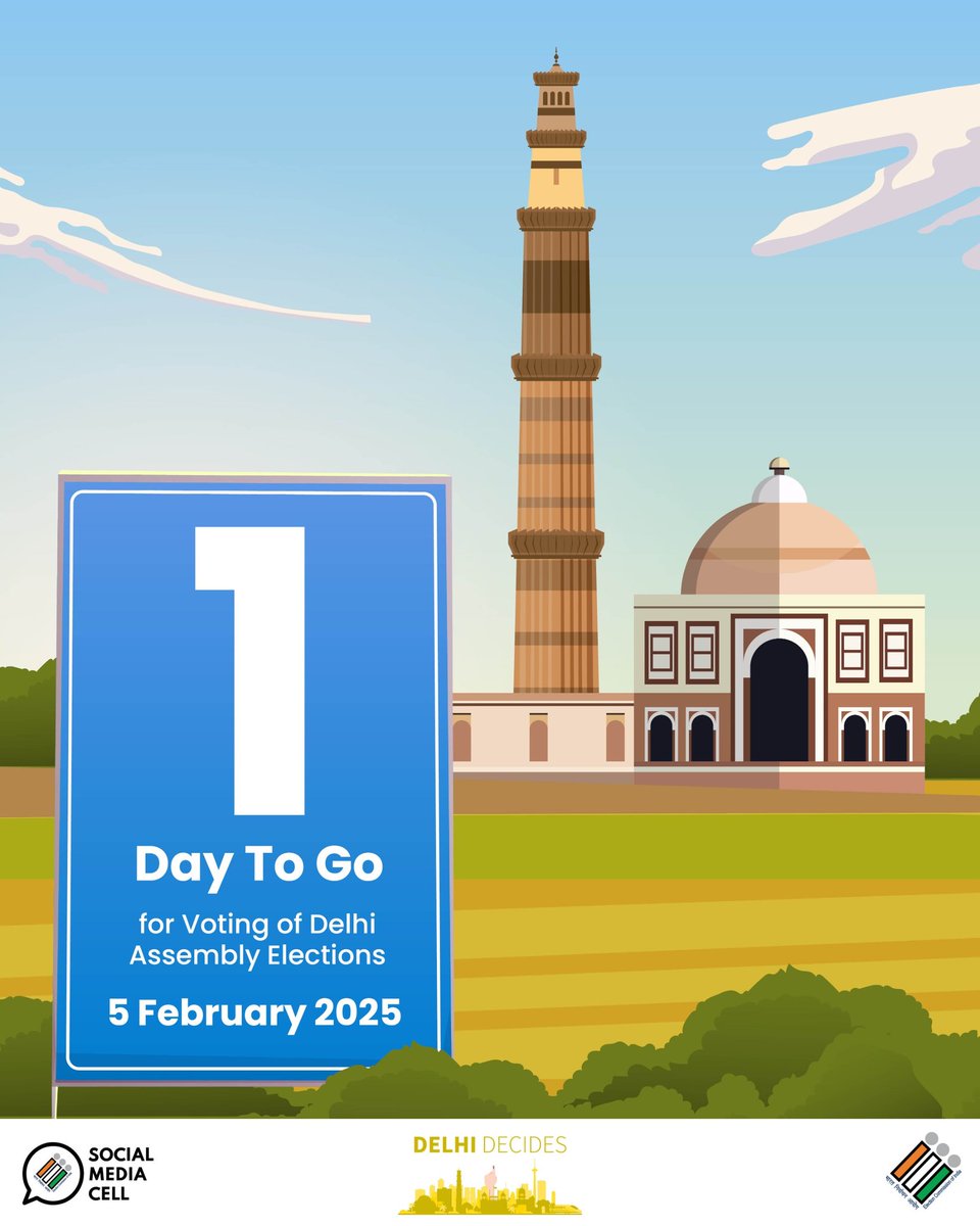 ECISVEEP's tweet photo. Delhi is ready 🙌✨

⏱️ 1 day to go

🗓️ 5 February , 2025

दिल्ली तैयार है 🙌✨

⏱️ 1 दिन शेष

🗓️ 5 फ़रवरी, 2025

#DilliDilSeVoteKaregi #DelhiDecides #DelhiElections #ECI https://t.co/jlPBpxLx2t