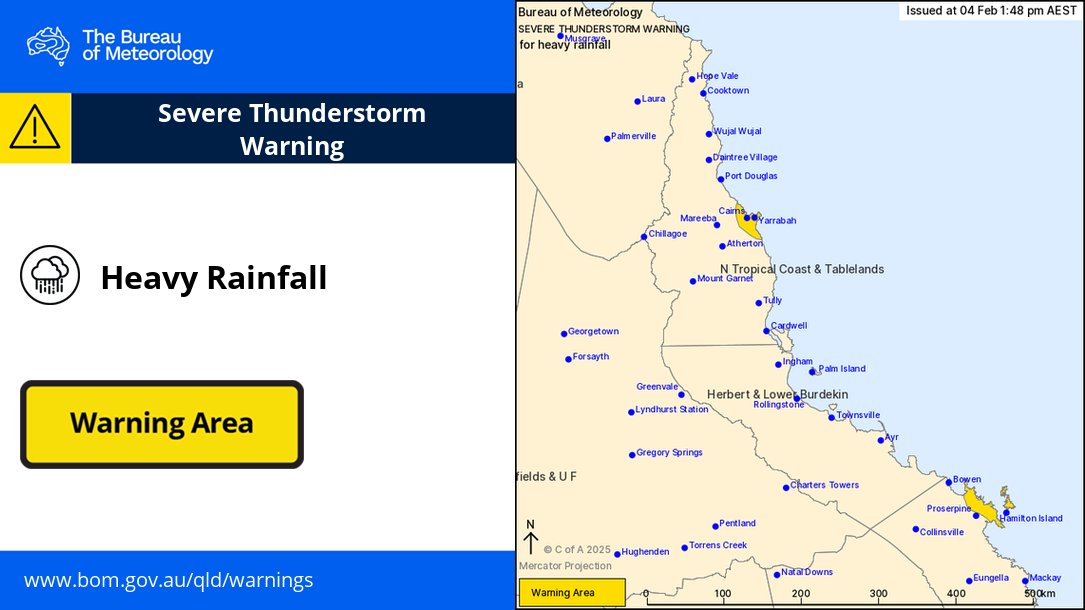 BOM_Qld's tweet photo. Issued 1:48pm
Severe thunderstorms are likely to produce heavy rainfall in the warning area over next several hours.
128.4mm recorded at #HamiltonIsland in 2 hours to 12:27pm
Warning: https://t.co/AdtPR2DKw8
#Cairns #Yarrabah #Gordonvale #AirlieBeach #Redlynch #Flashflooding https://t.co/cOVDWFfpux