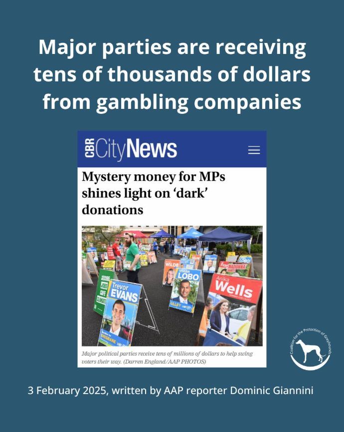 Sportsbet &amp; Tabcorp donate tens of thousands to Australia's major political parties.

It's unacceptable that they are accepting these donations when Australians lose billions and animals lose lives for the sake of gambling profits for these companies.

buff.ly/4aHZHCQ