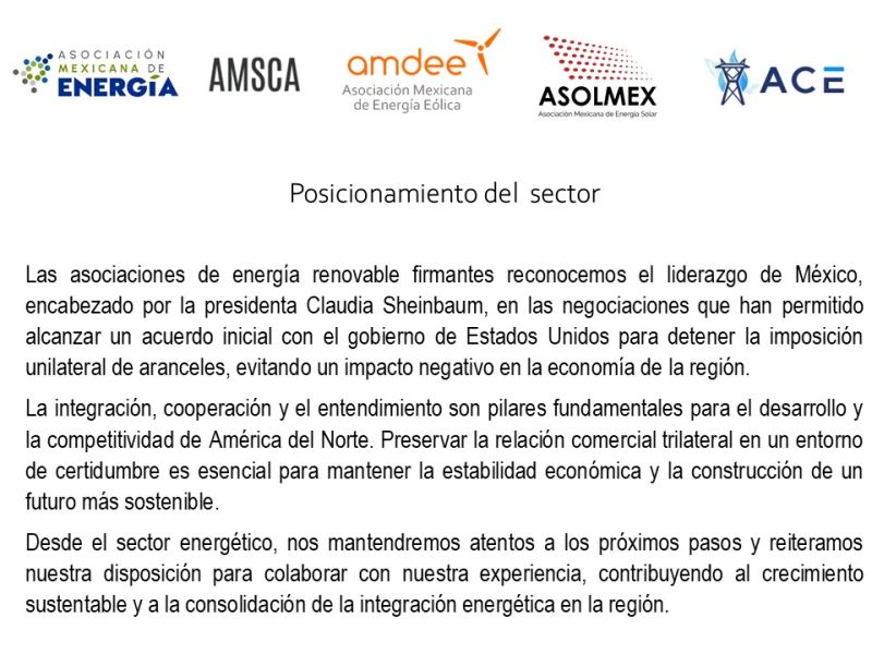 Las Asociaciones en energía reconocemos el liderazgo de la Presidenta Claudia Sheinbaum en el acuerdo inicial con el Gobierno de Estados Unidos.
Desde el sector energético reiteramos nuestra disposición para colaborar con nuestra experiencia en lo que se nos requiera.