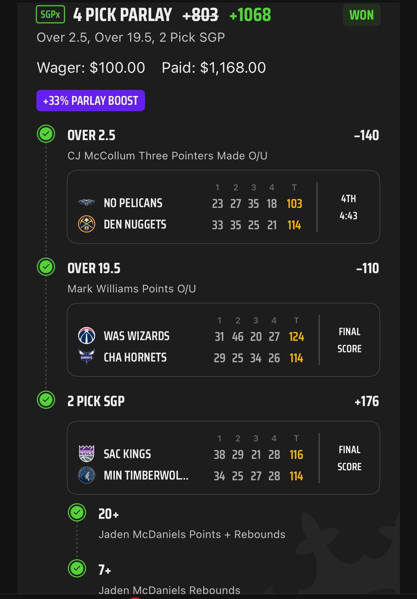 DevinsBookie's tweet photo. ✅ Collier O15.5 PA
✅ Amen O26.5 PR 
✅ Monk O20.5 PTS
✅ DK NBA Boost (+1068)

3-0 NBA Props🧹 &amp; hit a Lotto https://t.co/CsK9Qr0DrT