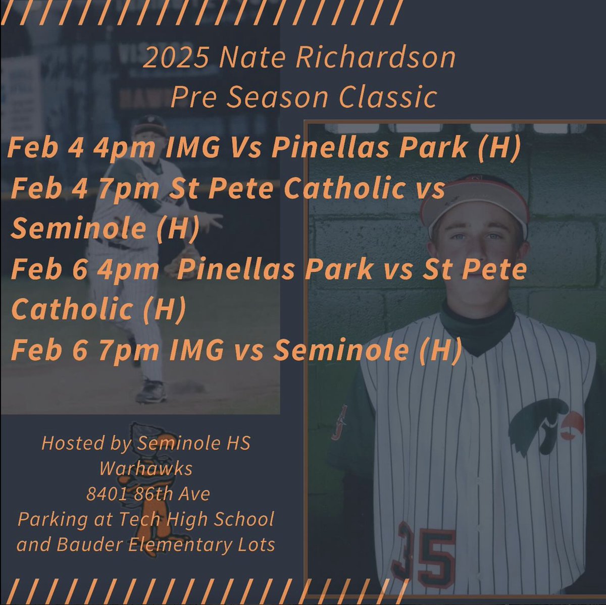 BradKRicha88's tweet photo. 11th Annual Nate Richardson Preseason Classic, one of Pinellas County's longest running preseason tournaments in honor of my brother, starts tonight!
@WarhawksBB 🆚 @SpcAthletics
📍#BrinkerField
🕖 7 PM
Pregame Ceremony-6:30 pm
@Biggamebobby @PinellasSports @FryeChuck https://t.co/3zxm6V4ueQ