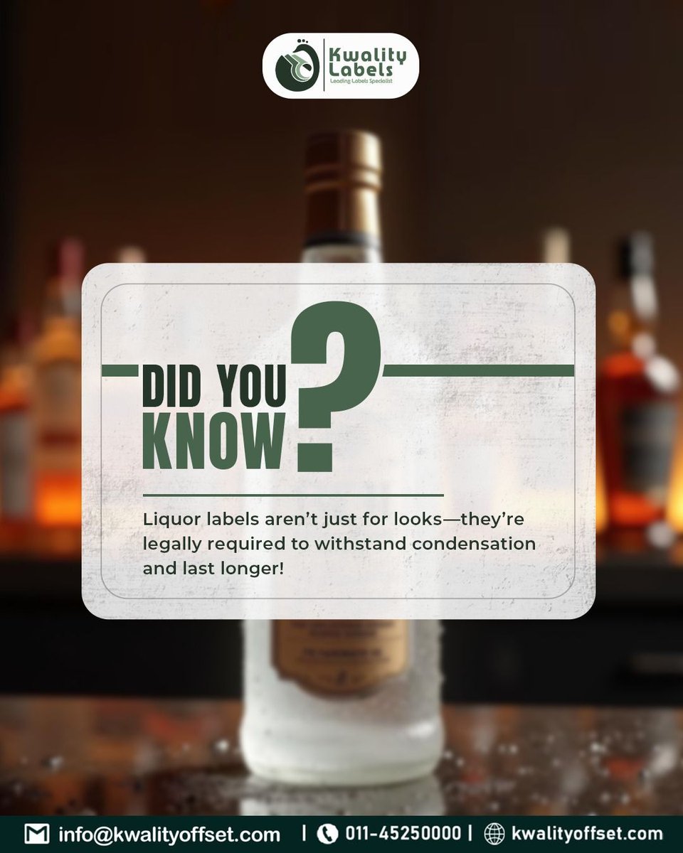 KwalityOffset's tweet image. Did you know? Liquor labels aren’t just for looks—they're legally required to resist condensation and stay intact! 🍾✨
.
.
#KwalityLabels #LiquorLabels #DidYouKnow #LabelFacts #CondensationProof  #PackagingScience #BottledKnowledge #customizedlabels #premiumlabels  #LabelDesign