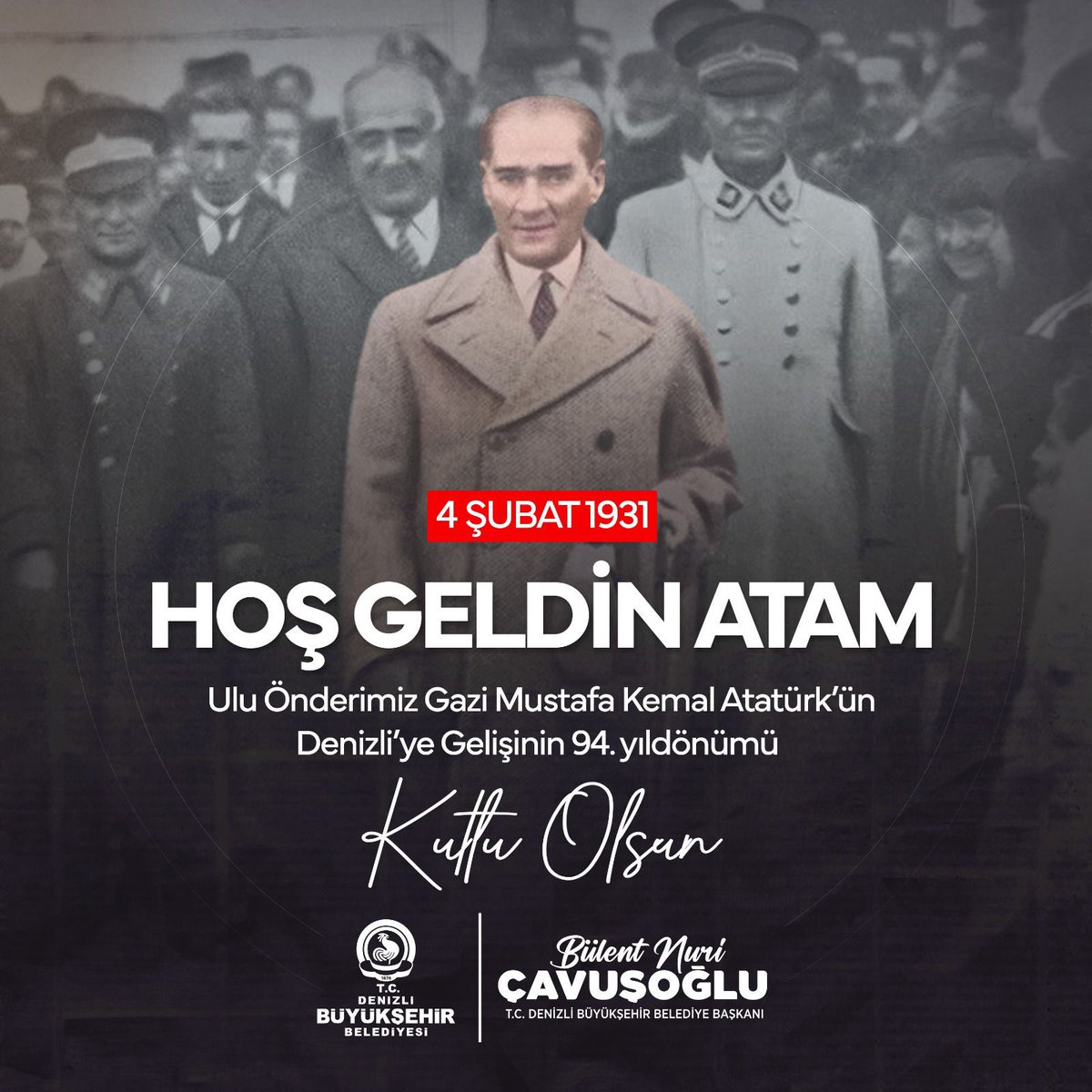 Cumhuriyetimizin kurucusu Ulu Önder Gazi Mustafa Kemal Atatürk’ün Denizli’mize gelişinin yıl dönümünü büyük bir gururla anıyor, başta Gazi Mustafa Kemal Atatürk olmak üzere tüm kahramanlarımızı saygı, rahmet ve minnetle yâd ediyorum.