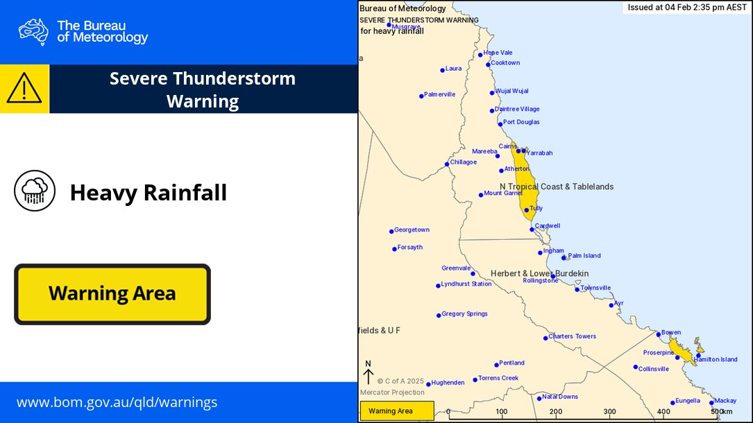 BOM_Qld's tweet photo. ⚠️ 2:35pm Severe thunderstorms are likely to produce #HeavyRainfall in the warning area across #NorthTropicalCoast #Tablelands #CentralCoast &amp; #Whitsundays over the next several hours.

Warning: https://t.co/AdtPR2DKw8

#Cairns #Tully #HamiltonIsland #AirlieBeach #FlashFlooding https://t.co/qGLSzz41gB