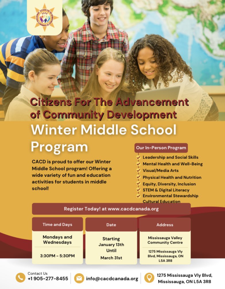 ⭐️Are you a middle or high school student eager to build skills, gain experience, and make an impact? Join our FREE Winter Program for exciting opportunities to excel academically, socially, and personally! Visit cacdcanada.org for more info! ⭐️