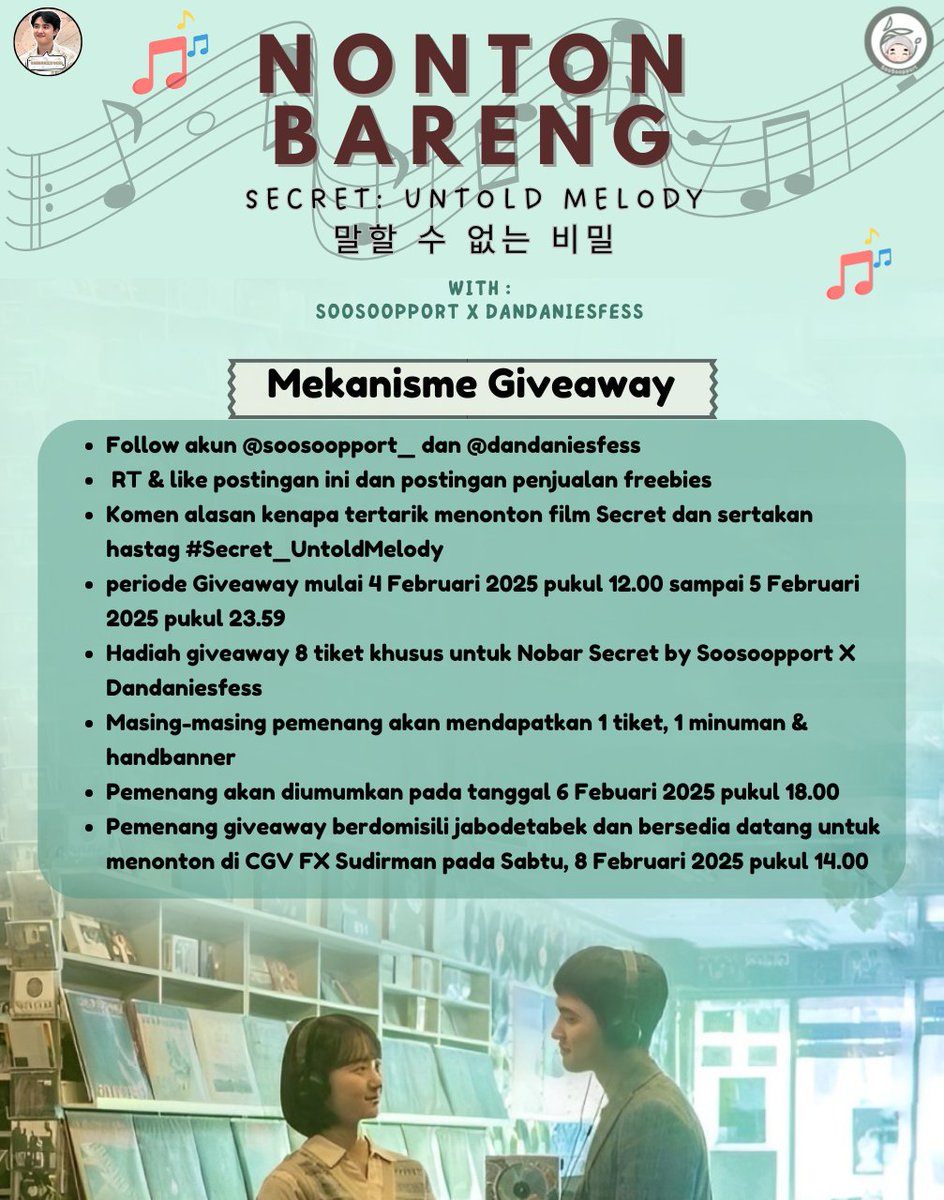 GIVEAWAY NOBAR SECRET : UNTOLD MELODY WITH <a href="/soosoopport_/">𝐃𝐨𝐡 𝐊𝐲𝐮𝐧𝐠𝐬𝐨𝐨 𝐒𝐮𝐩𝐩𝐨𝐫𝐭 𝐓𝐞𝐚𝐦</a> X <a href="/dandaniesfess/">DANDANIES BASE</a> 🥳🥳🥳

Minsoosoo dan Mindan mau kasih GA nih buat yg mau nobar SSP x Dandaniesfess besok tgl 8 Februari di FX Sudirman start jam 14.00 wib. 
Syarat dan ketentuan bisa dibaca di banner kita ya. 

Periode GA