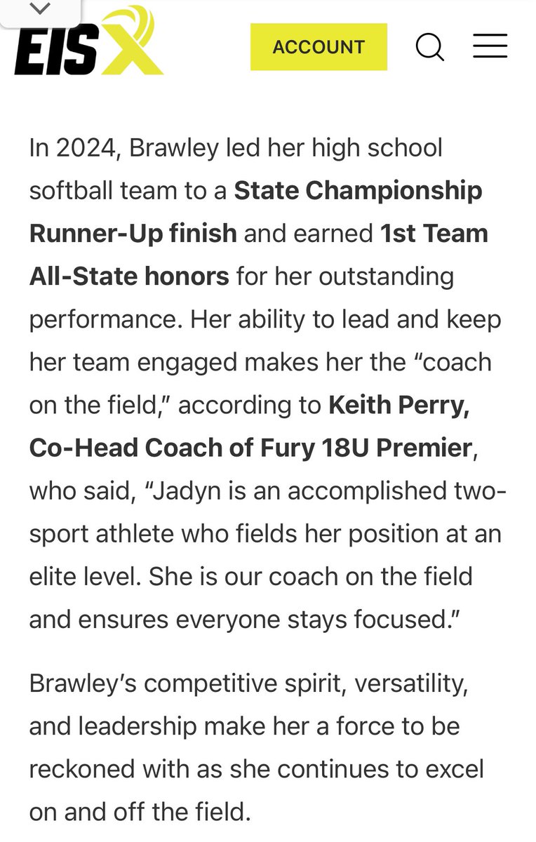 Ronnie Brawley (@ronniebrawley11) on Twitter photo So proud of you J Money ๐ช
Congratulations <a href="/Jadyn_Brawley/">Jadyn Brawley</a> for being recognized in the Extra Elite 100. Your dedication to the game and work ethic is impressive. I am blessed to have a front row seat on your journey!!! LETS GO ๐
<a href="/fury_07/">Fury Premier 18U Moyer/Perry</a> <a href="/ExtraInningSB/">EXTRA INNING SOFTBALL</a> <a href="/UTMSoftball/">UT Martin Softball</a> So proud of you J Money ๐ช
Congratulations <a href="/Jadyn_Brawley/">Jadyn Brawley</a> for being recognized in the Extra Elite 100. Your dedication to the game and work ethic is impressive. I am blessed to have a front row seat on your journey!!! LETS GO ๐
<a href="/fury_07/">Fury Premier 18U Moyer/Perry</a> <a href="/ExtraInningSB/">EXTRA INNING SOFTBALL</a> <a href="/UTMSoftball/">UT Martin Softball</a>