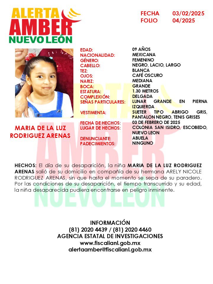 📣 Se activa #AlertaAMBER 

🚨 Solicitamos de su colaboración para localizar a la niña MARÍA DE LA LUZ RODRIGUEZ ARENAS

‼️Por favor comparte‼️
#AlertaAmberNL 
#AlertaAmberMX