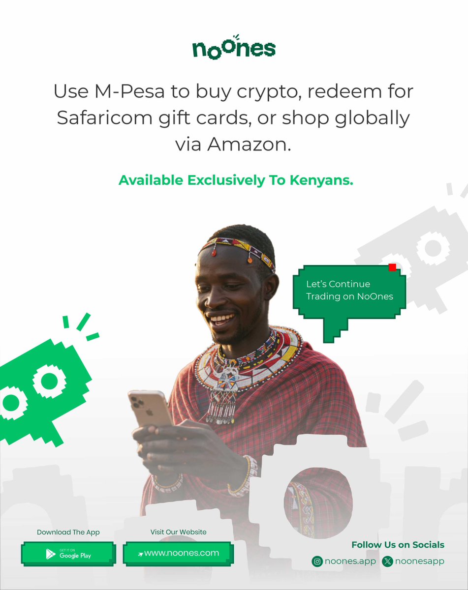 Kenyans, your crypto journey just got easier. You can now use Mpesa to buy  crypto, redeem for Safaricom gift cards, or shop globally via Amazon.  Thanks to innovative platforms like #NoOnesApp This