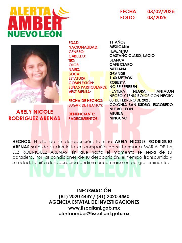 📣 Se activa #AlertaAMBER 

🚨 Solicitamos de su colaboración para localizar a la niña ARELY NICOLE RODRÍGUEZ ARENAS

‼️Por favor comparte‼️
#AlertaAmberNL 
#AlertaAmberMX