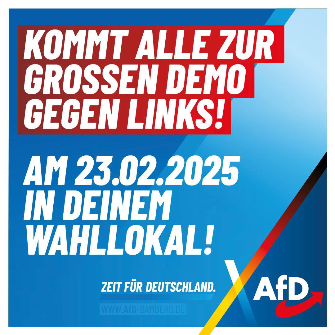 📣 KOMMT ALLE ZUR GROßEN DEMO GEGEN LINKS!

Am 23.02.2025 in 
deinem Wahllokal! 🗳️ 💙 

••••••••••••••••
💙 TEILEN 💙 LIKEN 💙ABONNIEREN
t.me/AfDBamberg