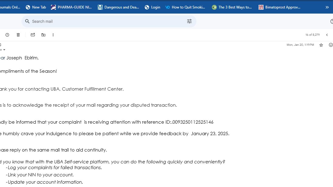 Nigeria has dropped so low that even filling customer feedback forms or even writing to CBN's customer dispute platform, following an awful service does not spur them to action. <a href="/UBACares/">UBACFC</a> and <a href="/UBAGroup/">UBA Group</a> has continued to post me on this awful transaction since 09/01/25 to 04/02/25