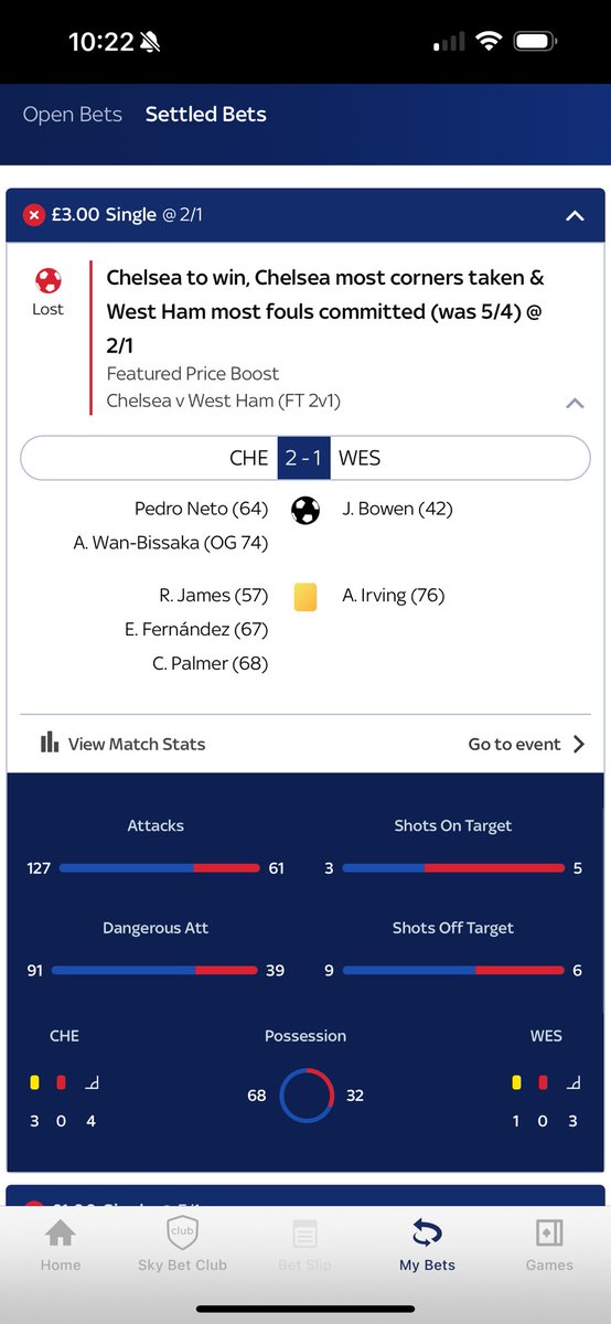 Schmooo5's tweet photo. @SkyBet why did this not pay out? Chelsea Won. Chelsea Had 4-3 on corners. West Ham were 11-10 on fouls committed. https://t.co/04QNOPDq43