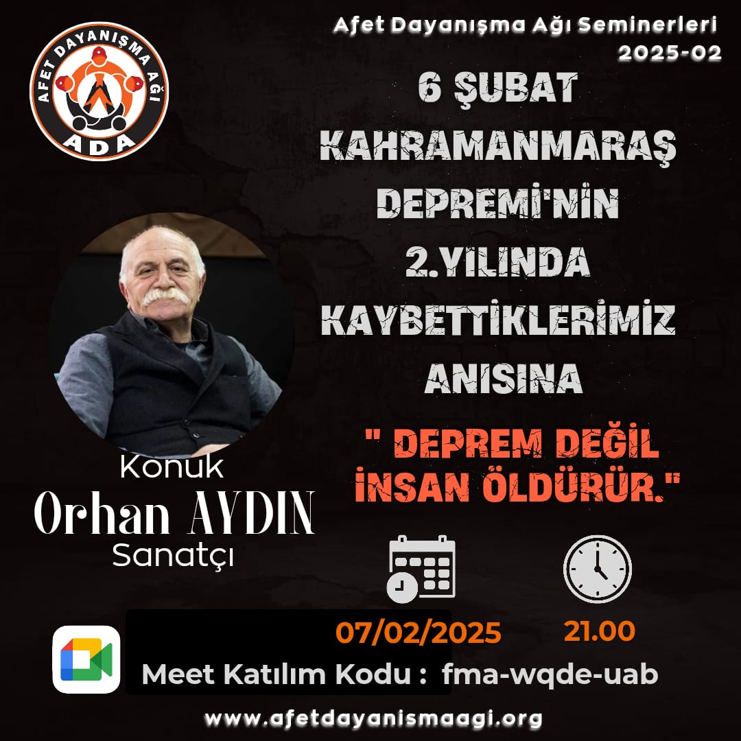 AfetDayanisma's tweet photo. 7 Şubat aksine davetlisiniz.Çok konu var konuşulacak  ...
#6subat2023 
#6subatdepreminiunutmayacağız
#depremöldürmez
#afet 
@orhanaydin6 https://t.co/5BUhWUSjzM